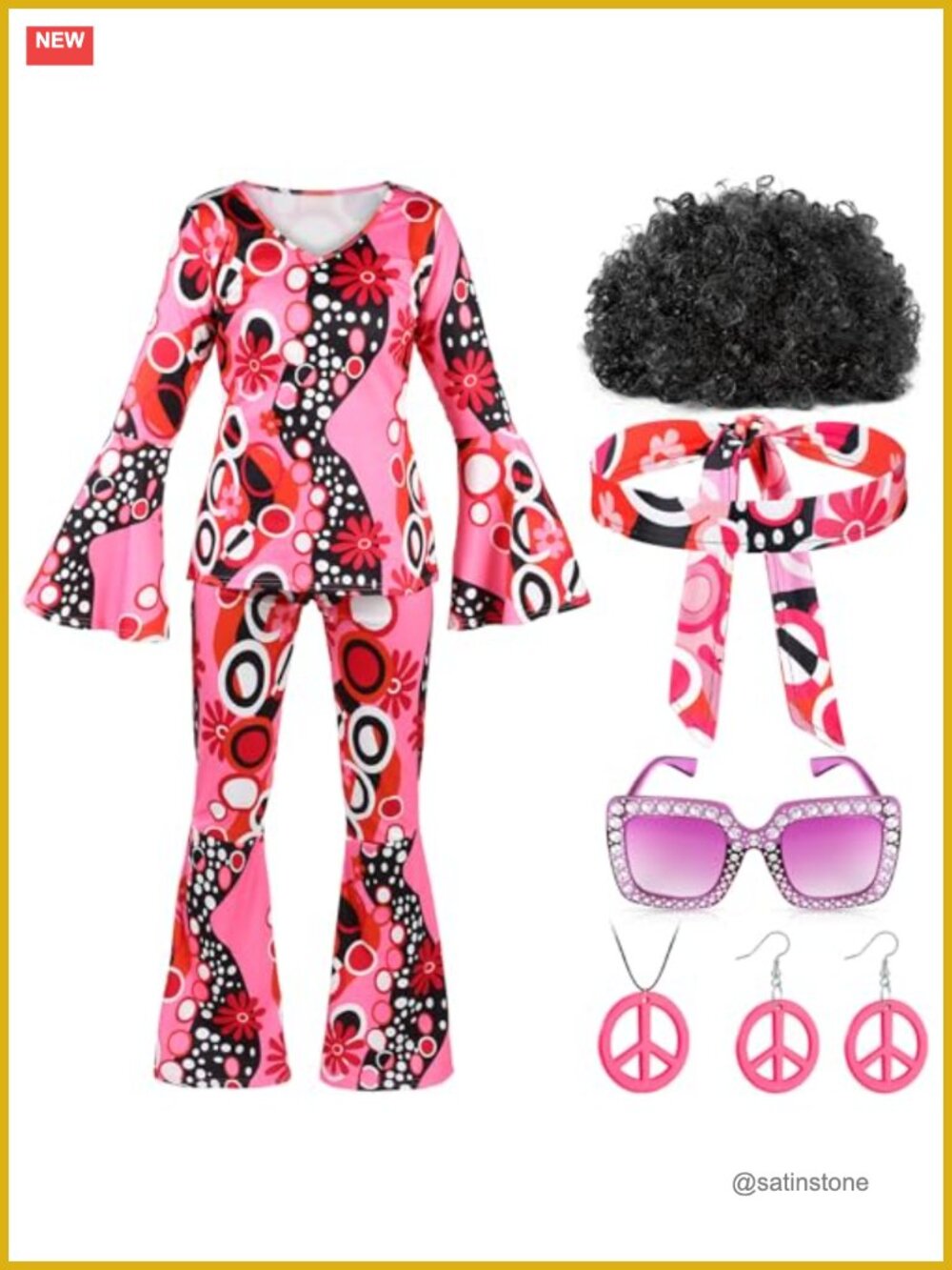 7 Pc Women 70s Hippie Costume Set Top Pants Wig Accessories